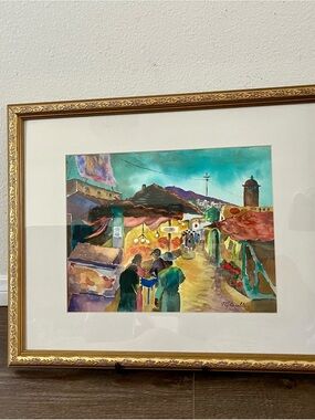 Mexico Market At Night Fall Watercolor Painting By Mario Corelli 18/22 Inches